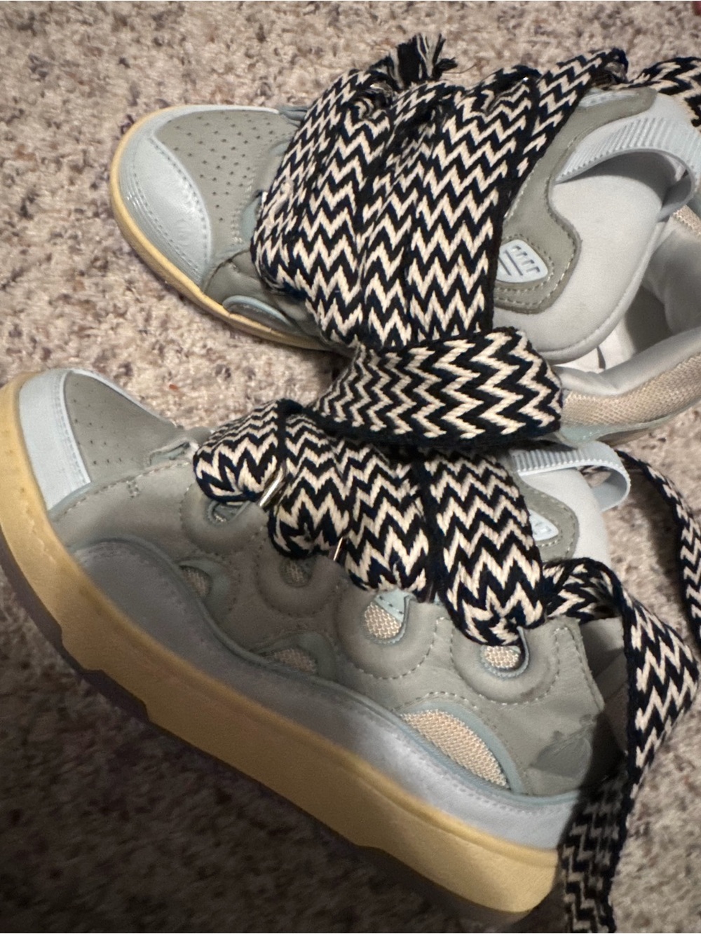Lanvin Pale Gray & Cream Chunky Sneakers with Black Zigzag Laces